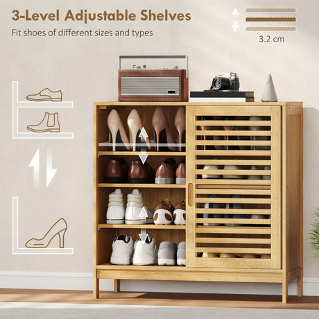 Bamboo Shoe Storage Cabinet 80cm Wide With 2 Sliding Slat Doors - Velmora
