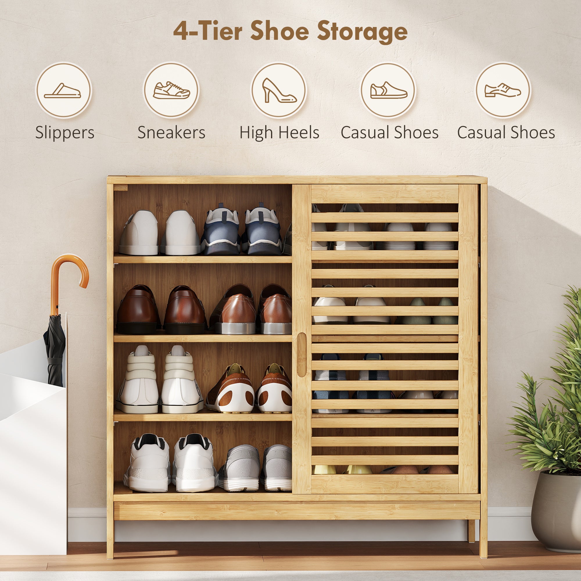 Bamboo Shoe Storage Cabinet 80cm Wide With 2 Sliding Slat Doors - Velmora