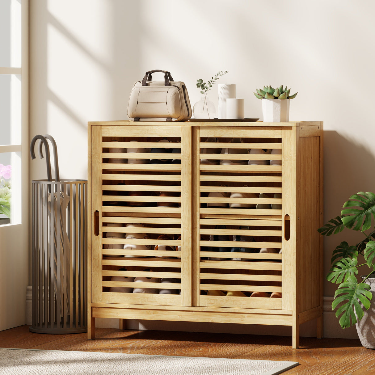 Bamboo Shoe Storage Cabinet 80cm Wide With 2 Sliding Slat Doors - Velmora