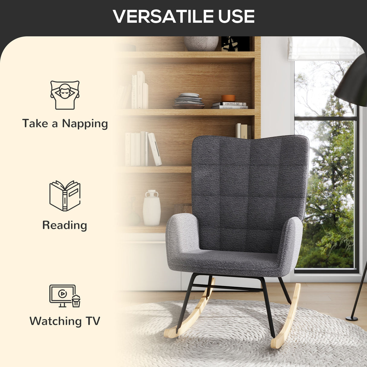 Berber Fleece Fabric Rocking Chair 71cm Wide With Wooden Base - Velmora