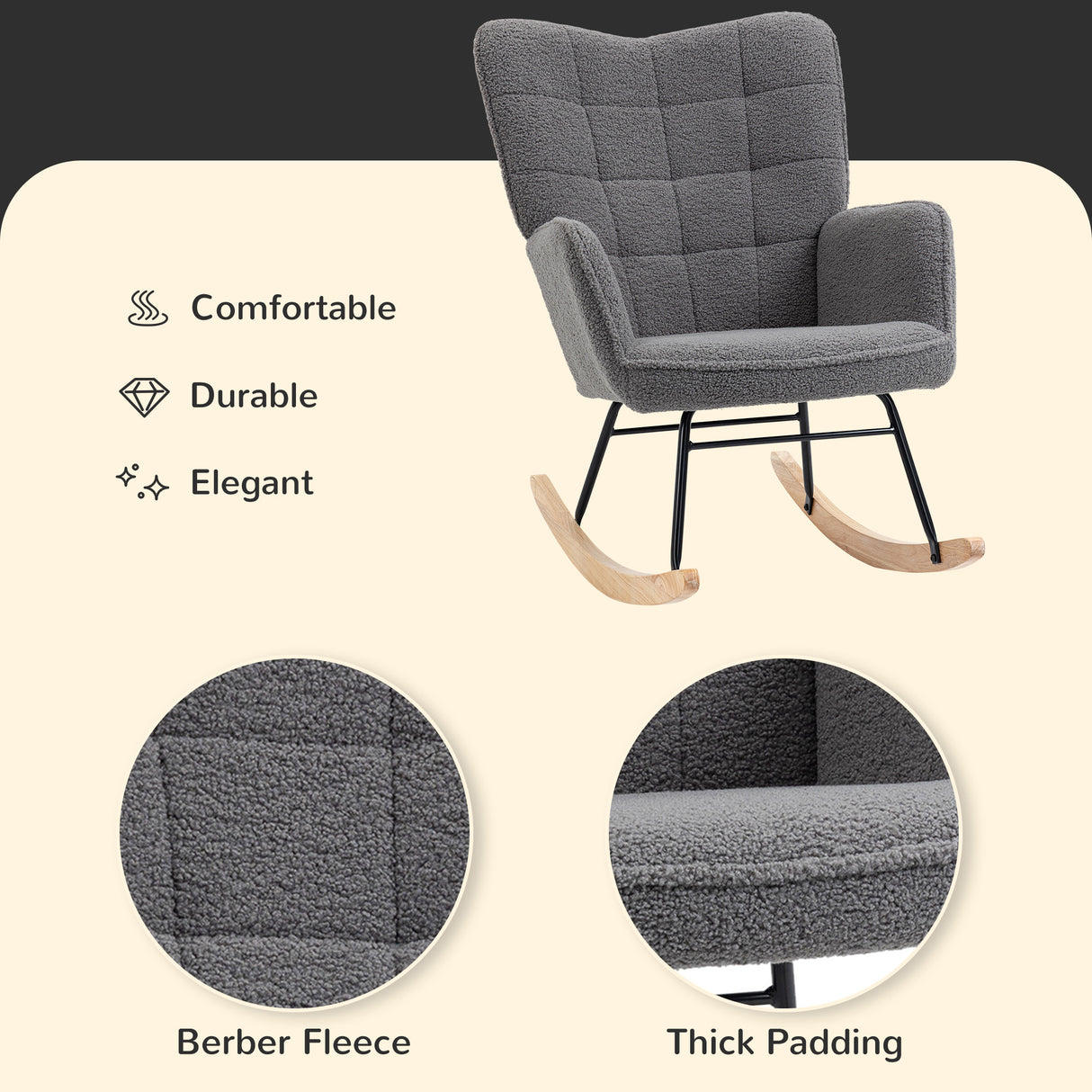 Berber Fleece Fabric Rocking Chair 71cm Wide With Wooden Base - Velmora