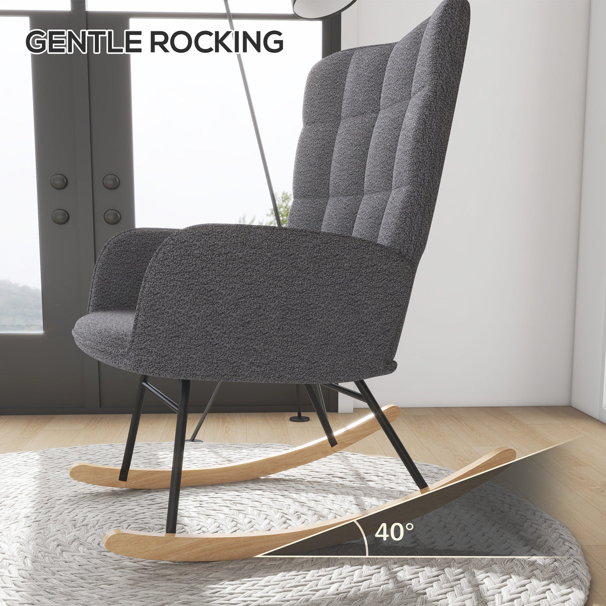 Berber Fleece Fabric Rocking Chair 71cm Wide With Wooden Base - Velmora