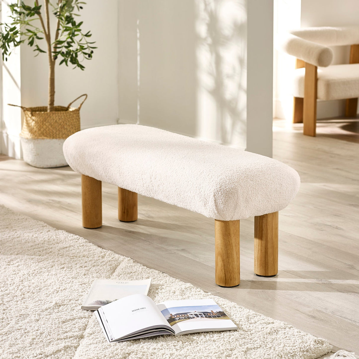 Boucle Fabric Hallway Seating Bench With Wooden Legs - Freya