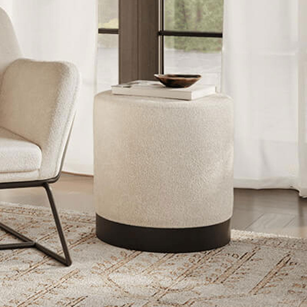 Boucle Fabric Pouffe 41.5cm Wide With Matt Black Base - Lara