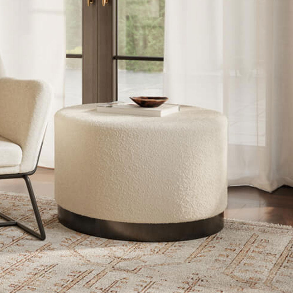 Boucle Fabric Pouffe 60.5cm Wide With Matt Black Base - Lara