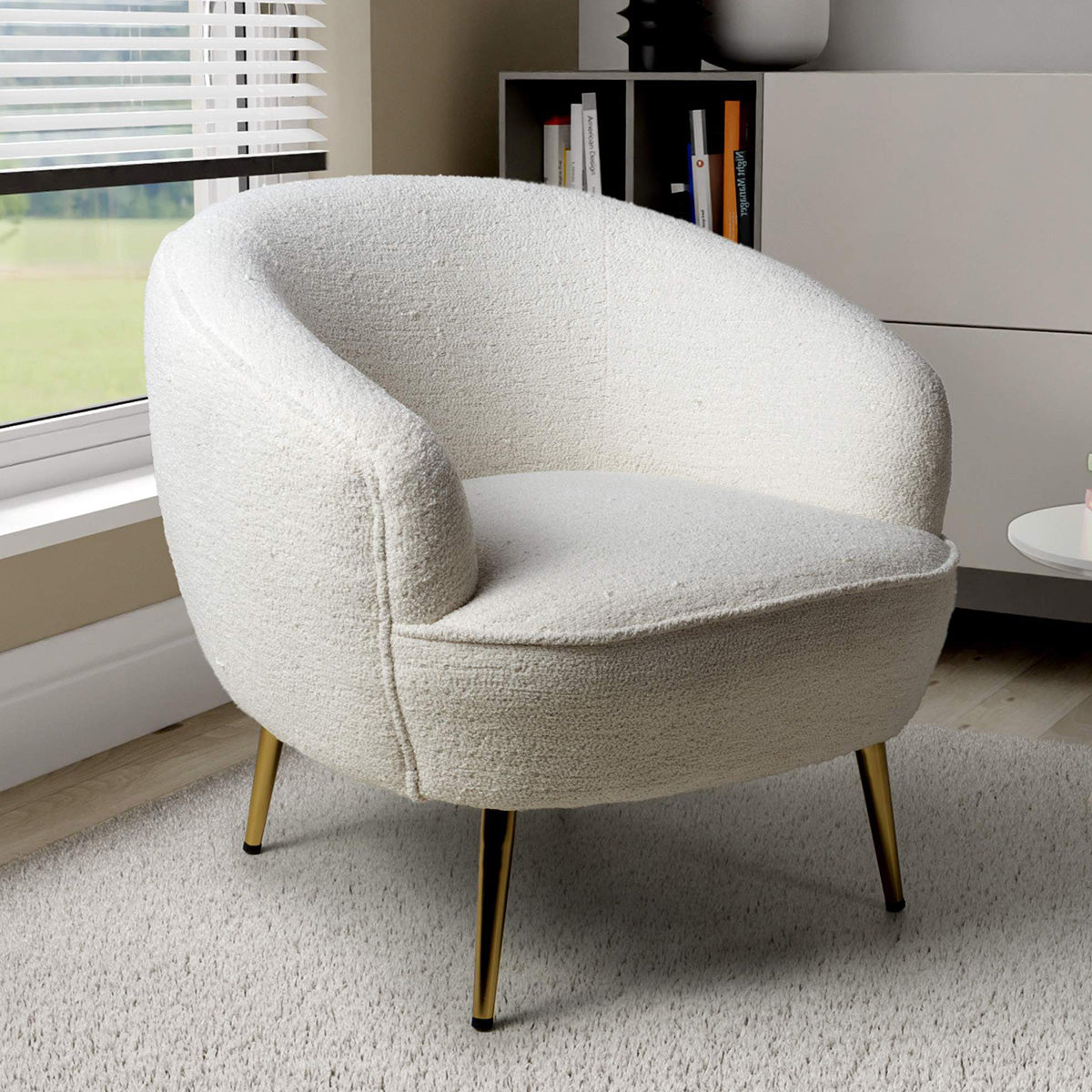 Boucle Fabric Tub Chair With Gold Chrome Metal Legs - Lucia