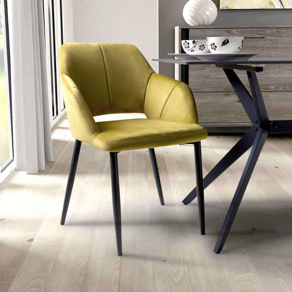 Brushed Velvet Dining Chairs in Set Of 2 With Black Metal Legs - Nero