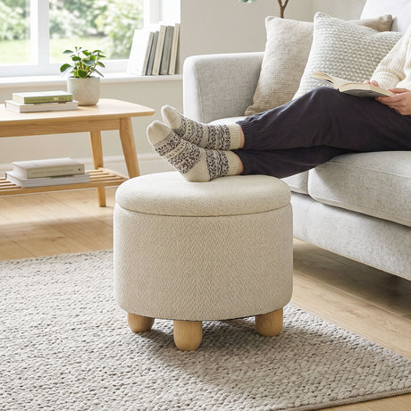 Burlap Fabric Storage Ottoman 38.5cm Wide With Rubberwood Legs - Velmora