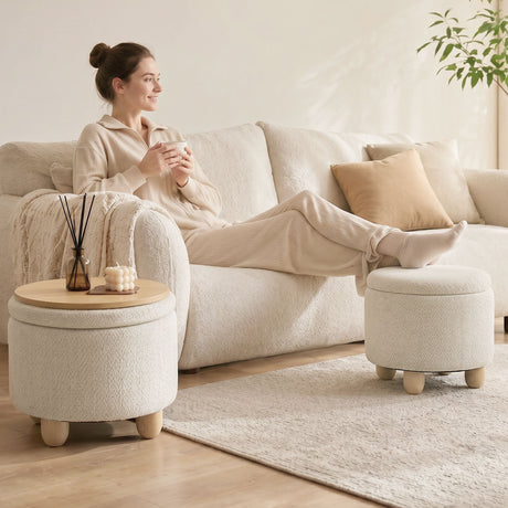 Burlap Fabric Storage Ottoman 38.5cm Wide With Rubberwood Legs - Velmora