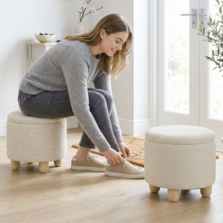 Burlap Fabric Storage Ottoman 38.5cm Wide With Rubberwood Legs - Velmora