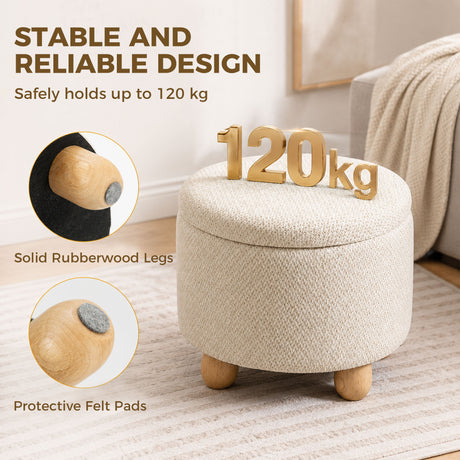 Burlap Fabric Storage Ottoman 38.5cm Wide With Rubberwood Legs - Velmora