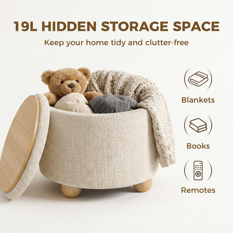 Burlap Fabric Storage Ottoman 38.5cm Wide With Rubberwood Legs - Velmora