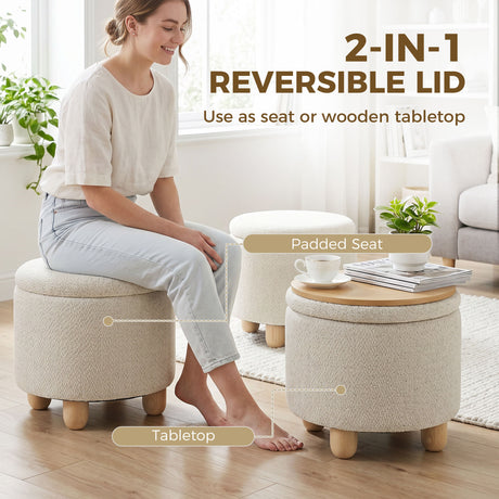 Burlap Fabric Storage Ottoman 38.5cm Wide With Rubberwood Legs - Velmora