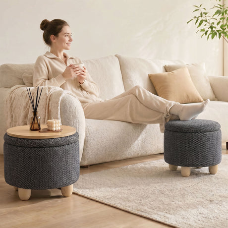 Burlap Fabric Storage Ottoman 38.5cm Wide With Rubberwood Legs - Velmora