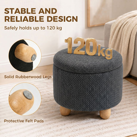 Burlap Fabric Storage Ottoman 38.5cm Wide With Rubberwood Legs - Velmora