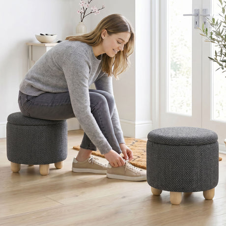Burlap Fabric Storage Ottoman 38.5cm Wide With Rubberwood Legs - Velmora
