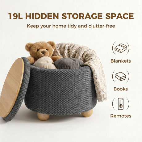 Burlap Fabric Storage Ottoman 38.5cm Wide With Rubberwood Legs - Velmora