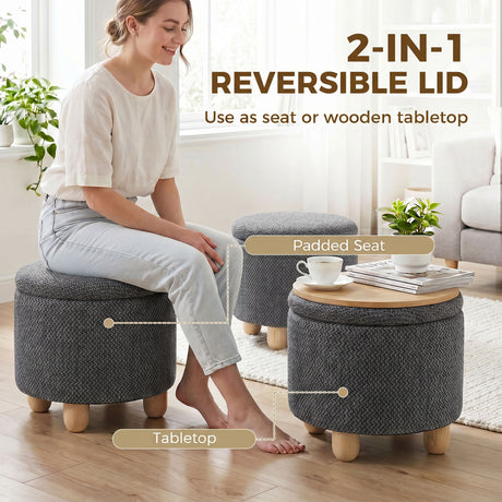 Burlap Fabric Storage Ottoman 38.5cm Wide With Rubberwood Legs - Velmora