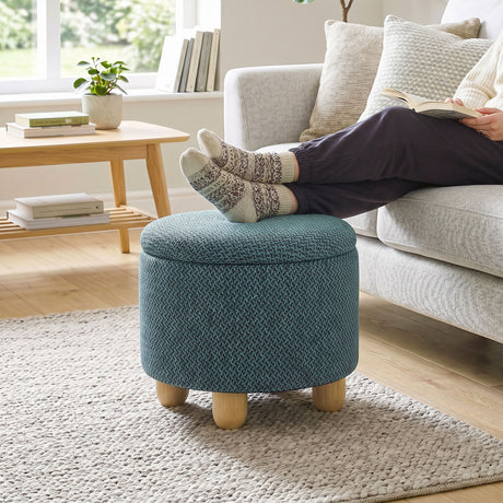 Burlap Fabric Storage Ottoman 38.5cm Wide With Rubberwood Legs - Velmora