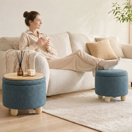 Burlap Fabric Storage Ottoman 38.5cm Wide With Rubberwood Legs - Velmora