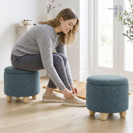 Burlap Fabric Storage Ottoman 38.5cm Wide With Rubberwood Legs - Velmora