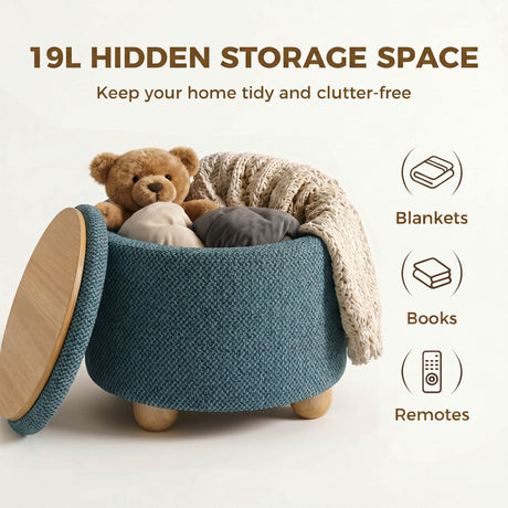 Burlap Fabric Storage Ottoman 38.5cm Wide With Rubberwood Legs - Velmora