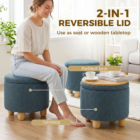 Burlap Fabric Storage Ottoman 38.5cm Wide With Rubberwood Legs - Velmora