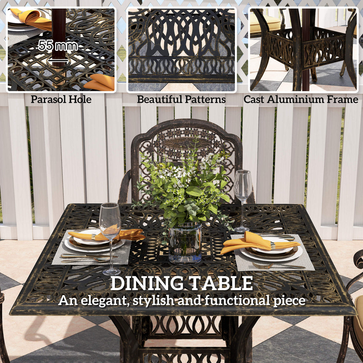 Cast Aluminium 4 Seater Garden Dining Set With Square Table - Velmora