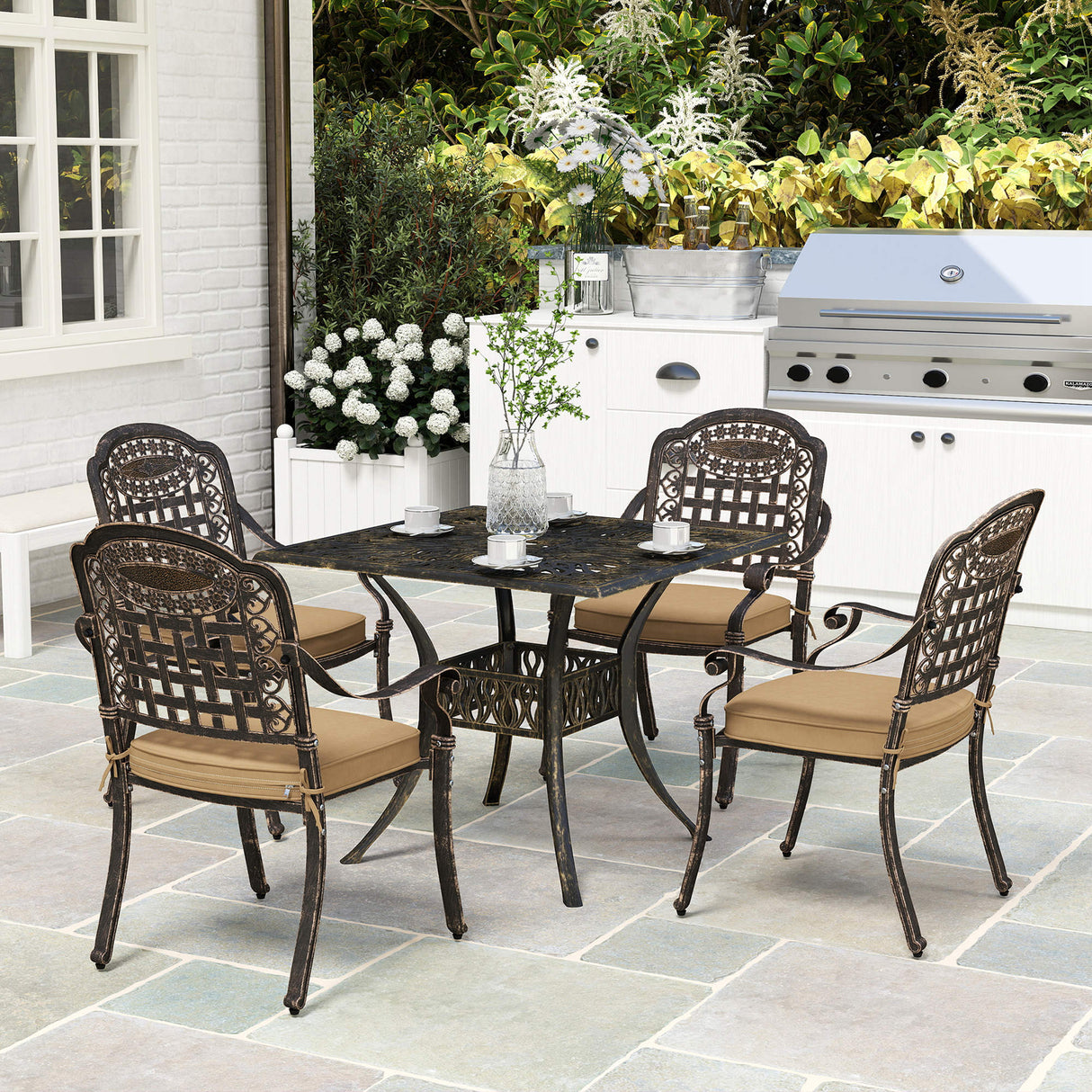 Cast Aluminium 4 Seater Garden Dining Set With Square Table - Velmora