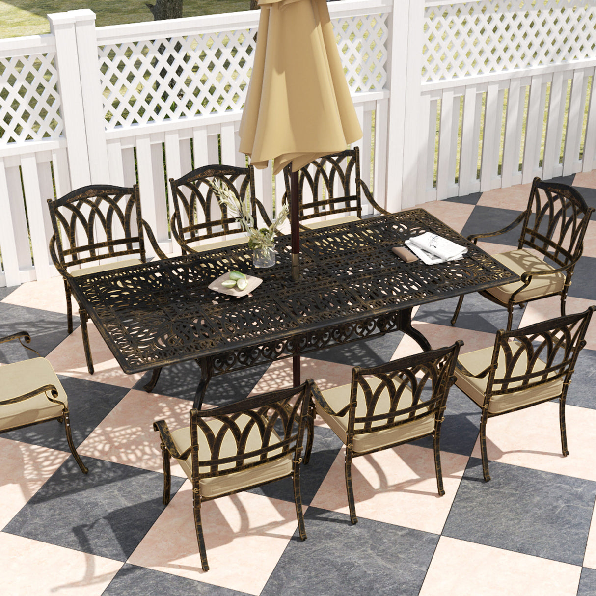 Cast Aluminium 8 Seater Garden Dining Set With Beige Cushions - Velmora