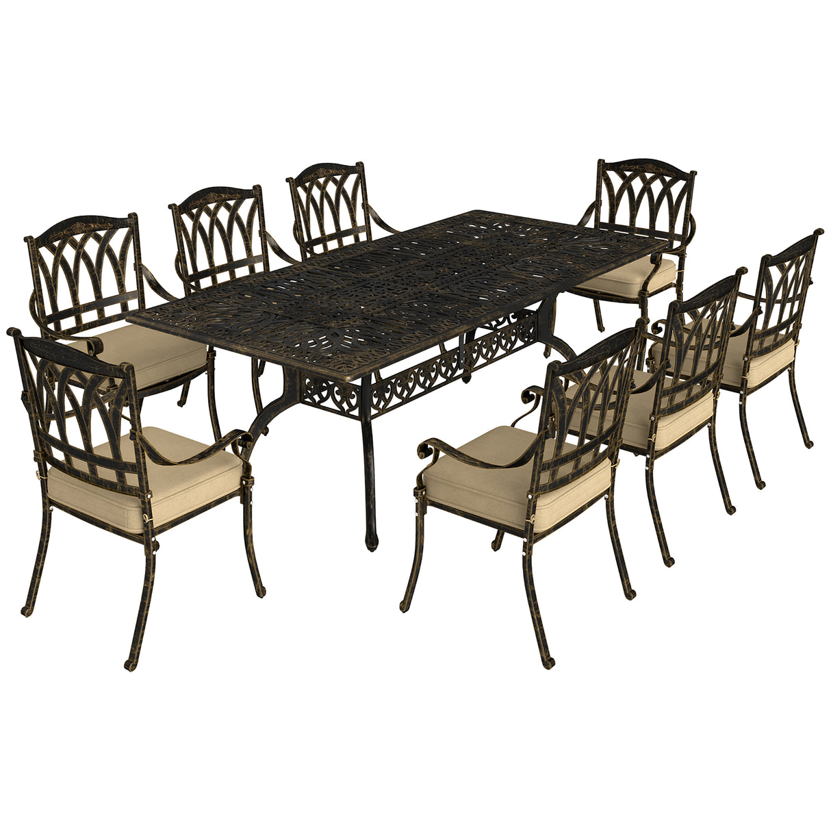 Cast Aluminium 8 Seater Garden Dining Set With Beige Cushions - Velmora