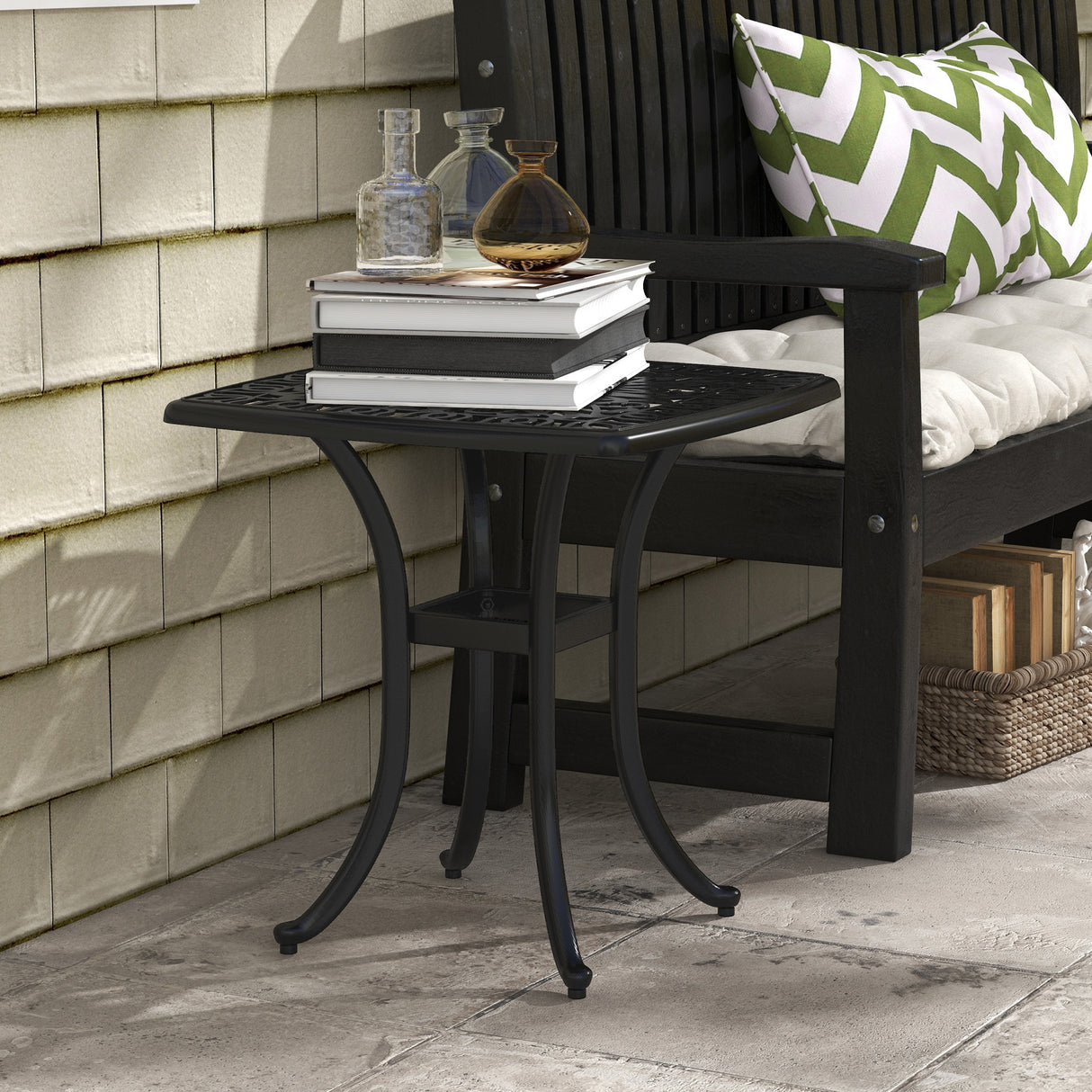 Cast Aluminium Outdoor Garden Bistro Table With Umbrella Hole Square - Velmora