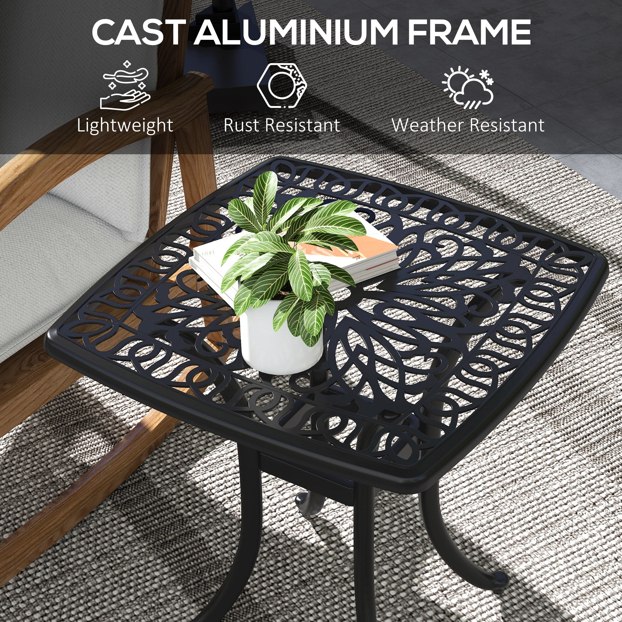 Cast Aluminium Outdoor Garden Bistro Table With Umbrella Hole Square - Velmora