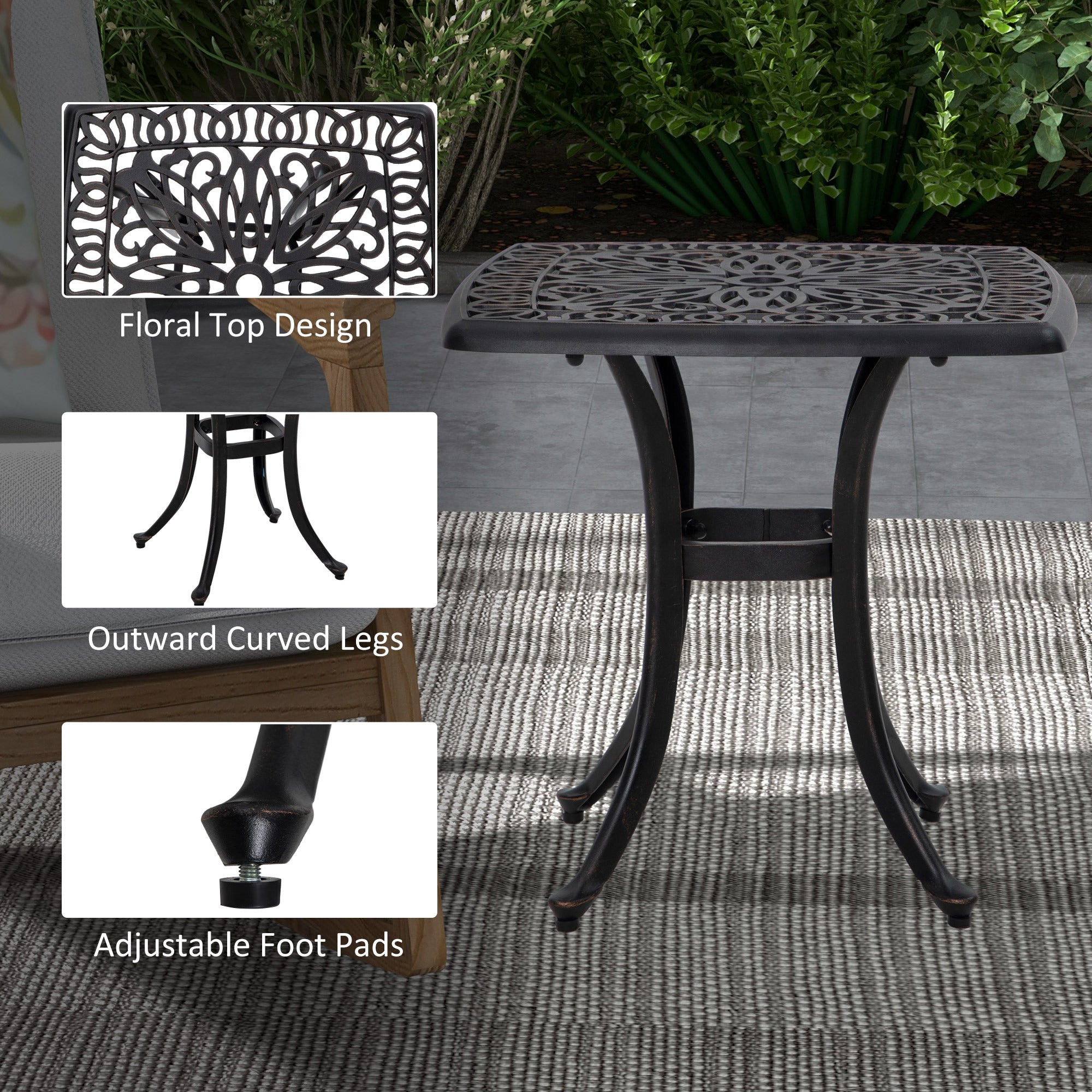 Cast Aluminium Outdoor Garden Bistro Table With Umbrella Hole Square - Velmora