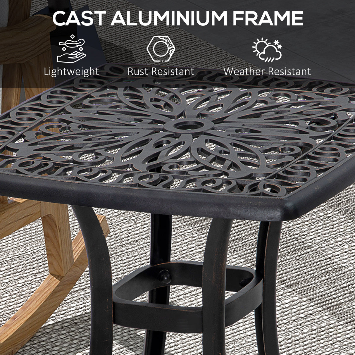 Cast Aluminium Outdoor Garden Bistro Table With Umbrella Hole Square - Velmora