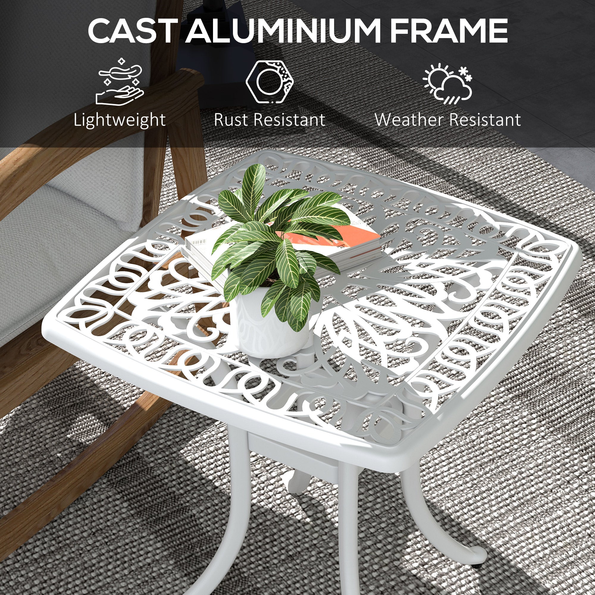 Cast Aluminium Outdoor Garden Bistro Table With Umbrella Hole Square - Velmora