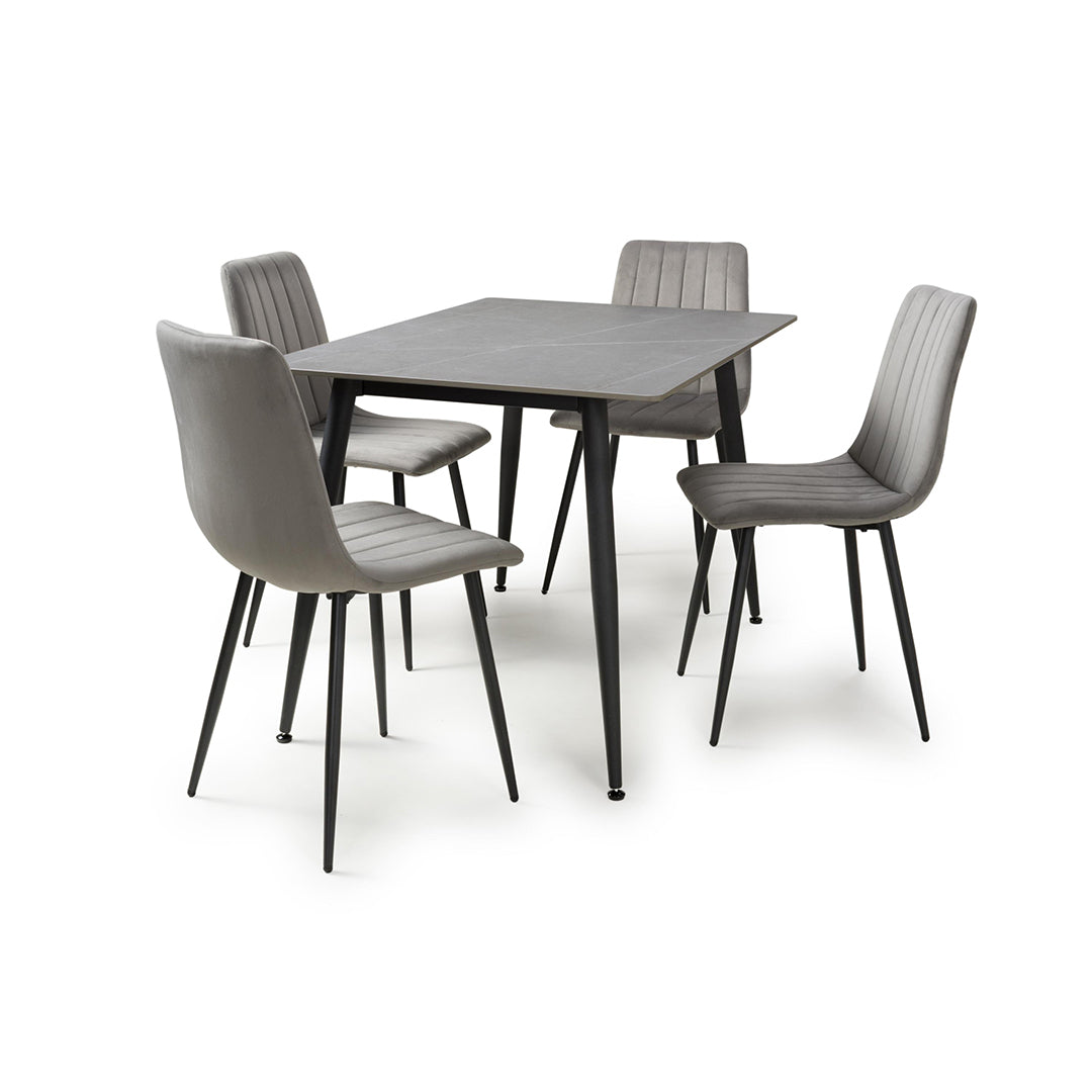 Ceramic Dining Table 120cm in Grey With 4 Lisbon Velvet Chairs - Monaco