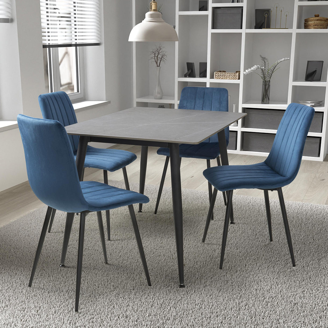 Ceramic Dining Table 120cm in Grey With 4 Lisbon Velvet Chairs - Monaco