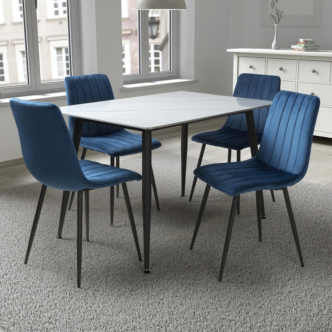 Ceramic Dining Table 120cm in White With 4 Lisbon Velvet Chairs - Monaco