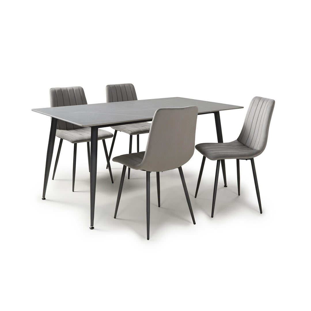 Ceramic Dining Table 160cm in Grey With 4 Lisbon Velvet Chairs - Monaco