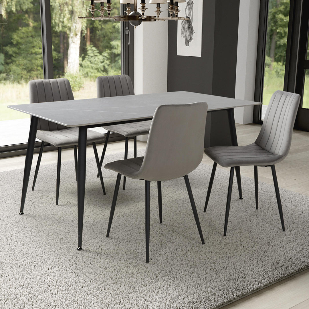 Ceramic Dining Table 160cm in Grey With 4 Lisbon Velvet Chairs - Monaco