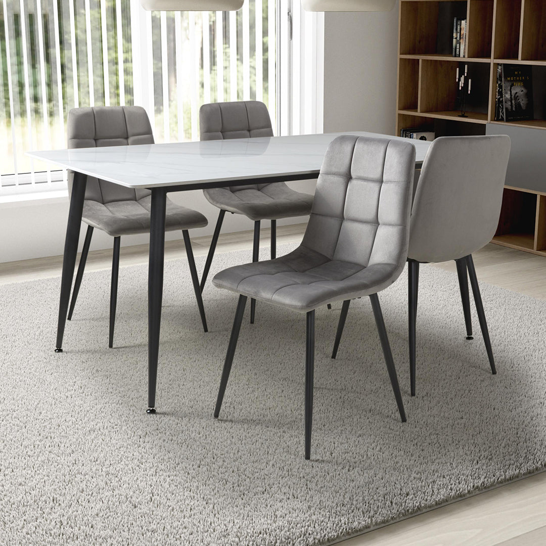 Ceramic Dining Table 160cm in White With 4 Madison Velvet Chairs - Monaco