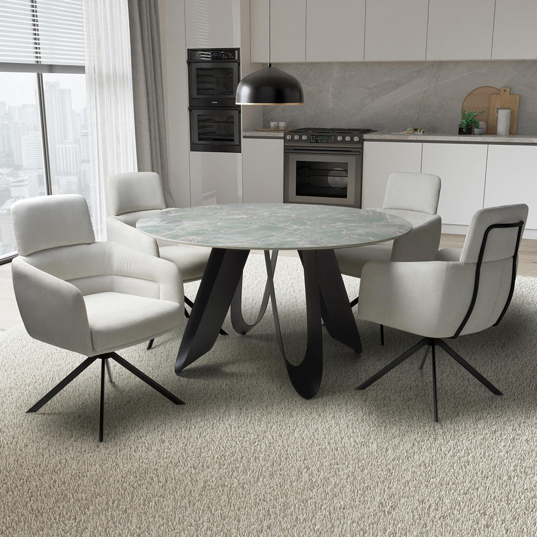 Ceramic Dining Table Round With 4 Polaris White Chairs - Osaka