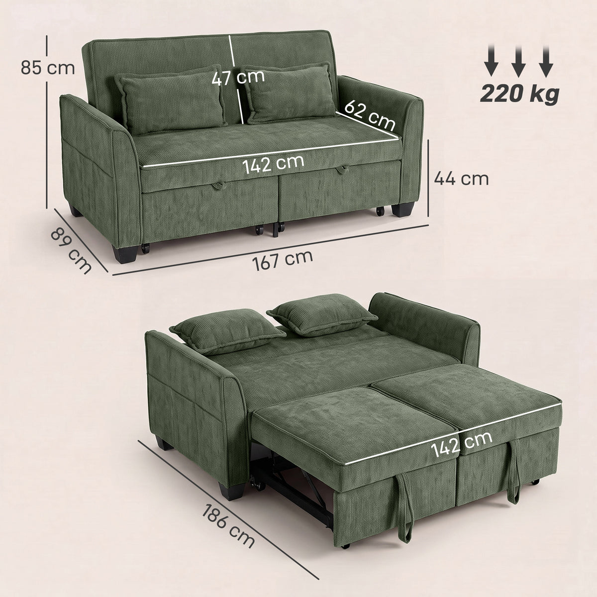 Chenille Fabric 2 Seater Sofa Bed 167cm Wide - Velmora