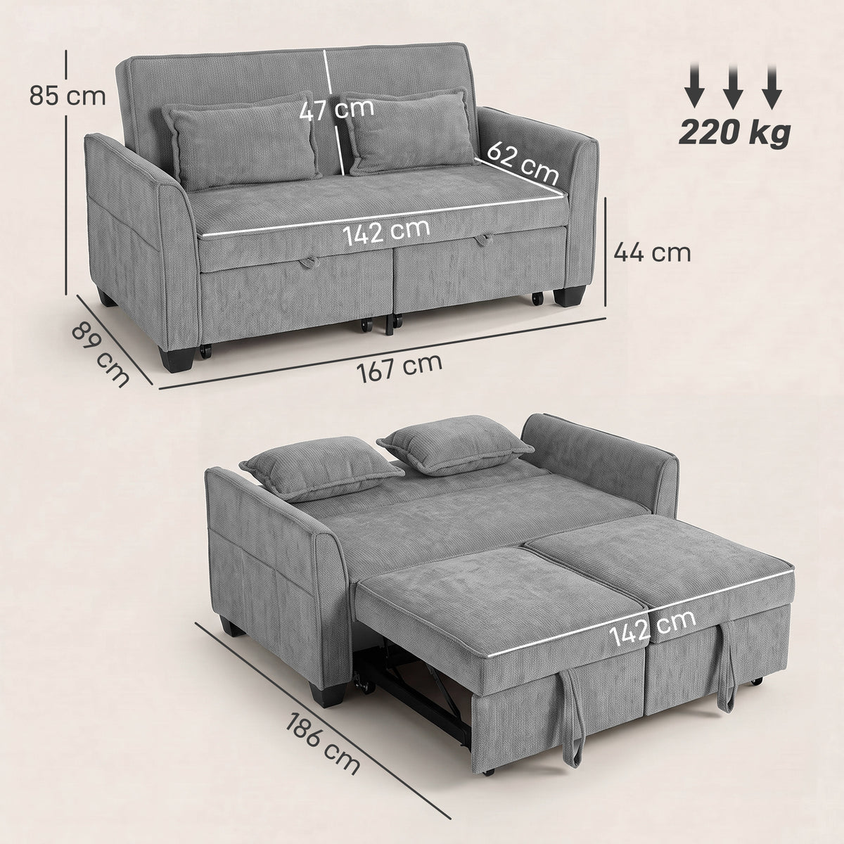 Chenille Fabric 2 Seater Sofa Bed 167cm Wide - Velmora