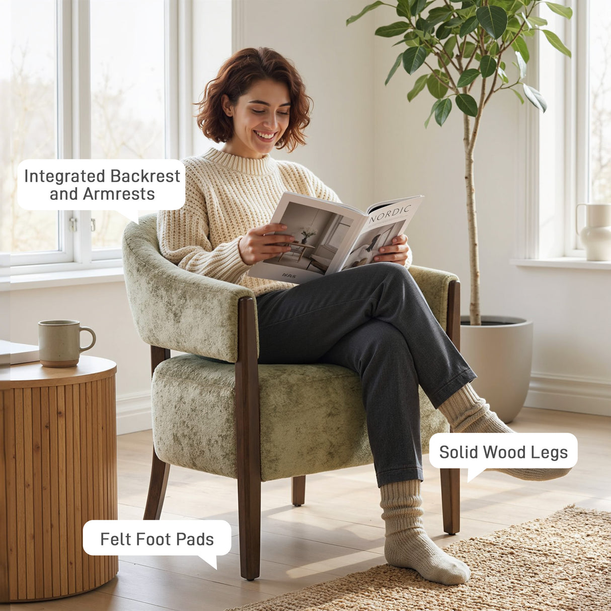 Chenille Fabric Accent Chair 71cm Wide With Wooden Frame - Velmora
