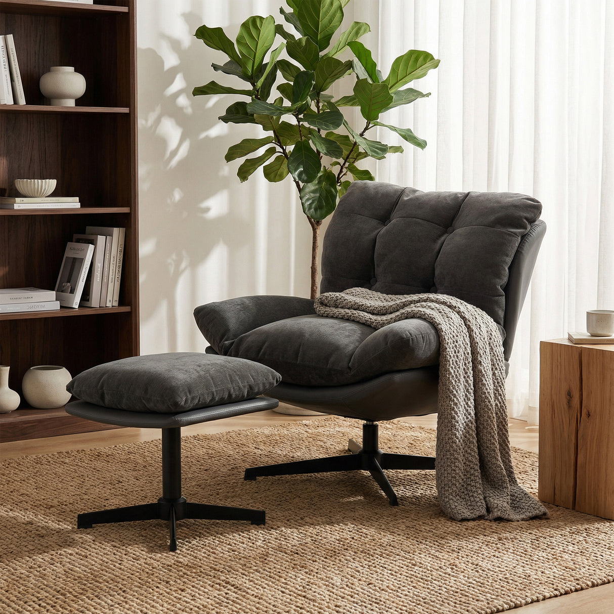 Chenille Fabric Accent Chair 80cm Wide With Footstool - Velmora