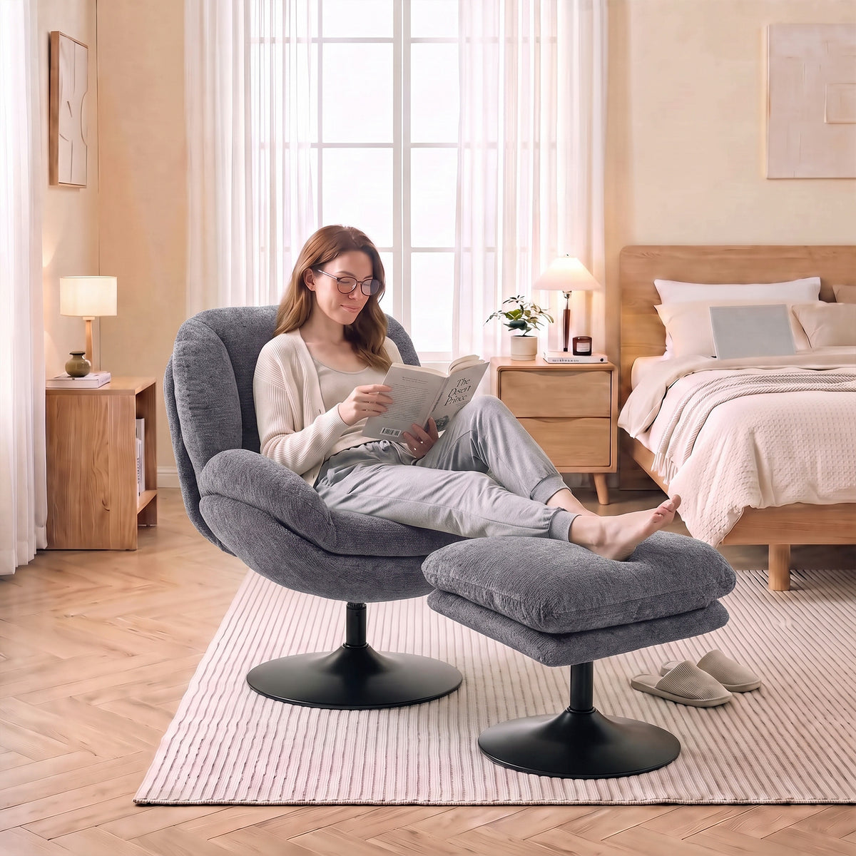 Chenille Fabric Armchair 69cm Wide With Ottoman - Velmora