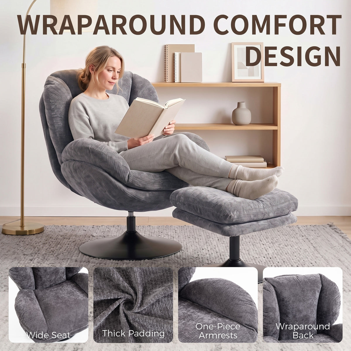 Chenille Fabric Armchair 69cm Wide With Ottoman - Velmora