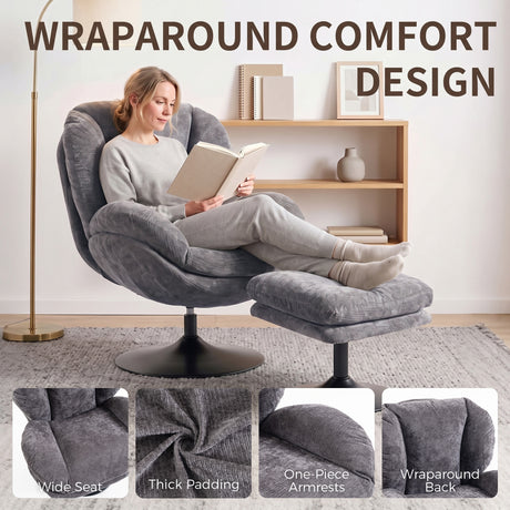 Chenille Fabric Armchair 69cm Wide With Ottoman - Velmora